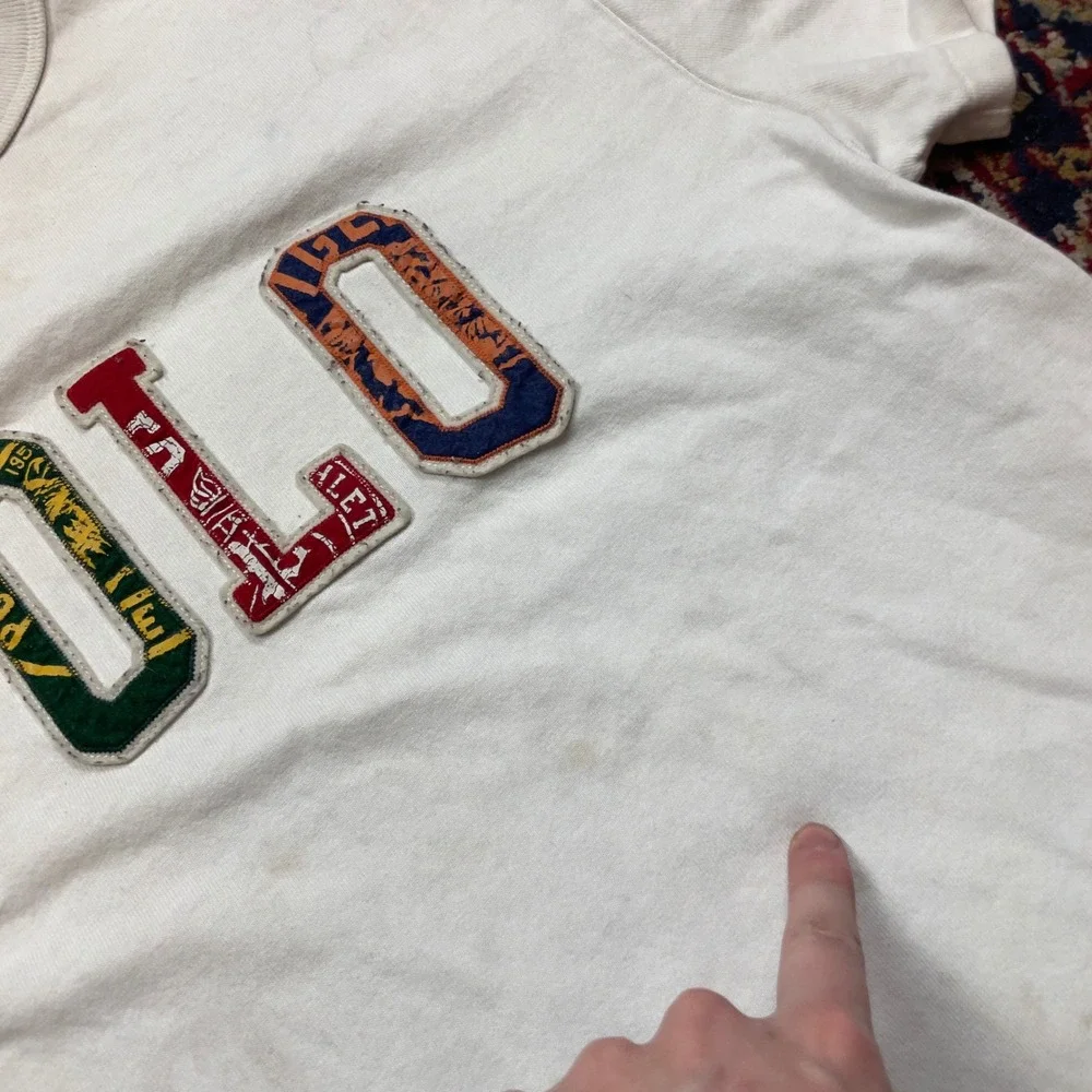 Polo Ralph Lauren Mens Classic Fit White Graphic Applique T-Shirt Large Stained